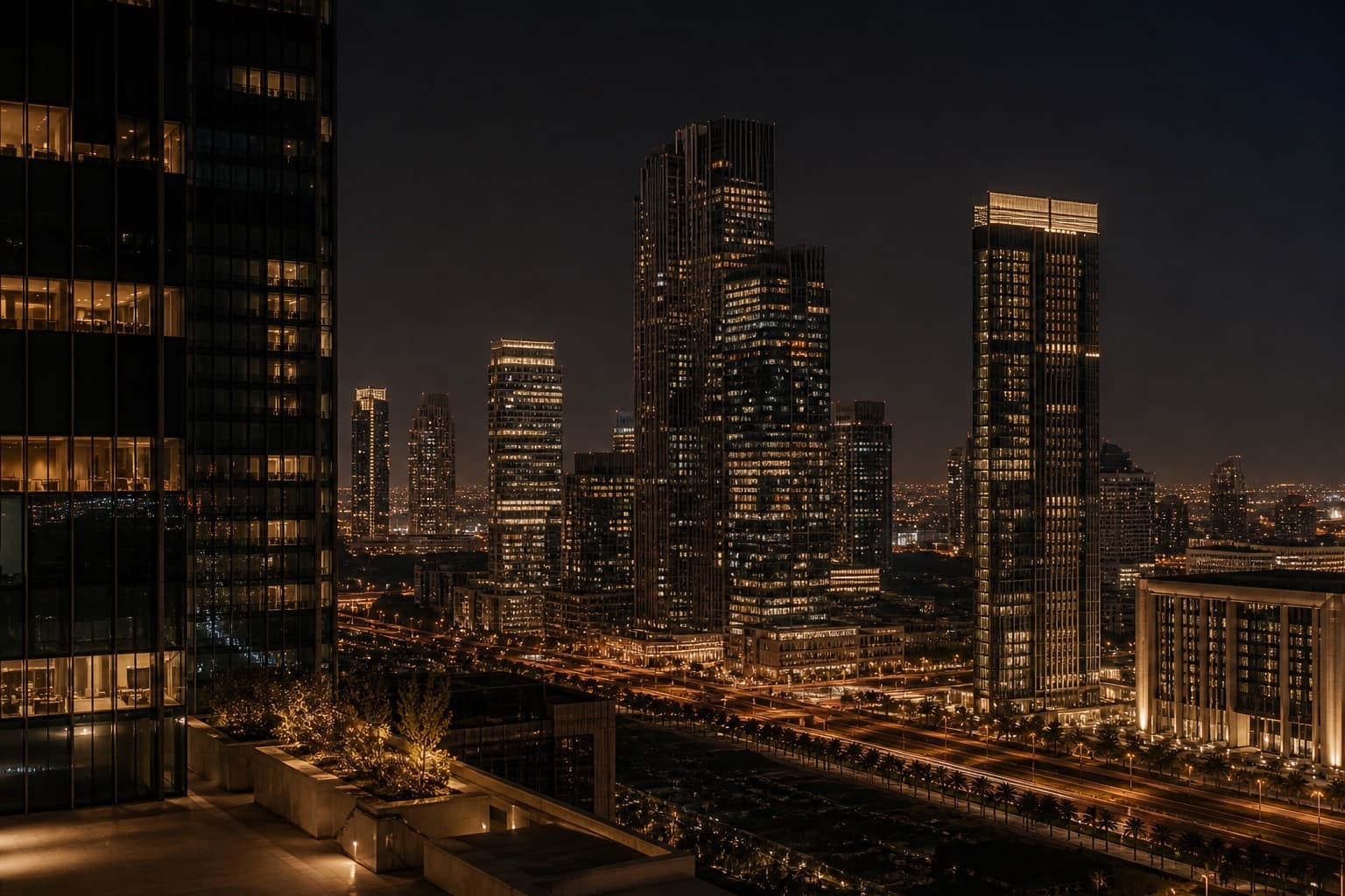 Night view of a modern financial district skyline